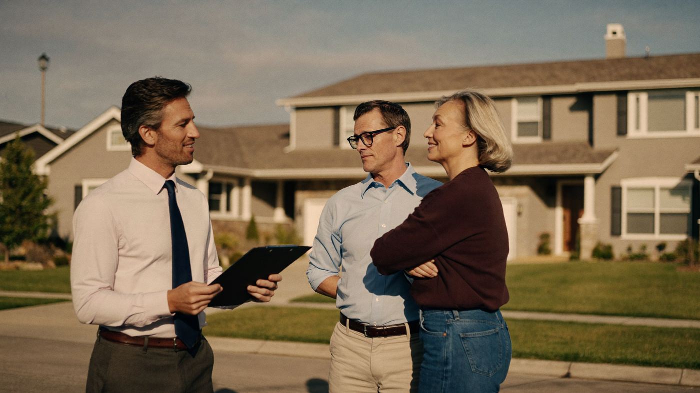 Property manager reviewing details with two homeowners outside a house