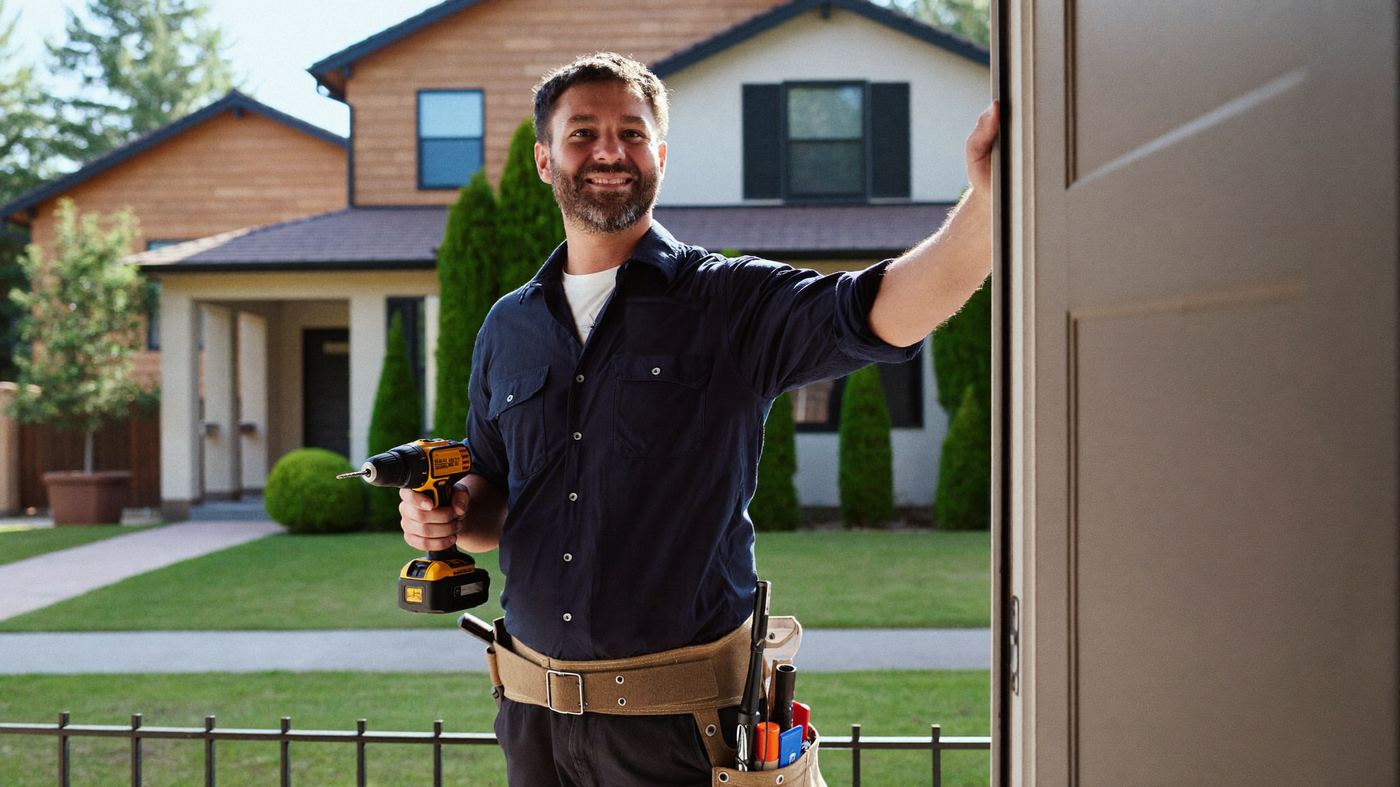 Maintenance professional arriving at the front door of a home