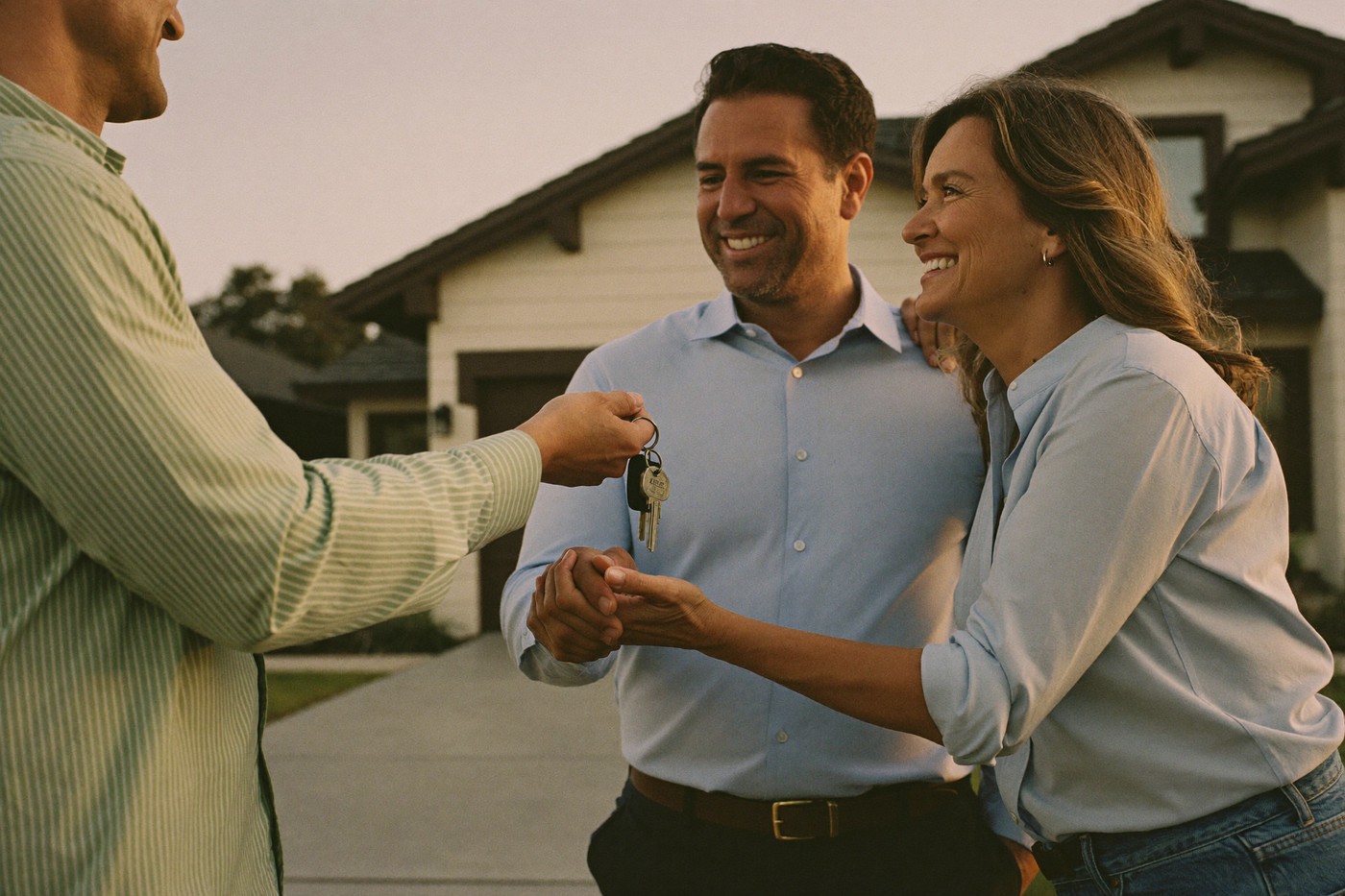 Relieved homeowner couple handing over house keys to a property professional